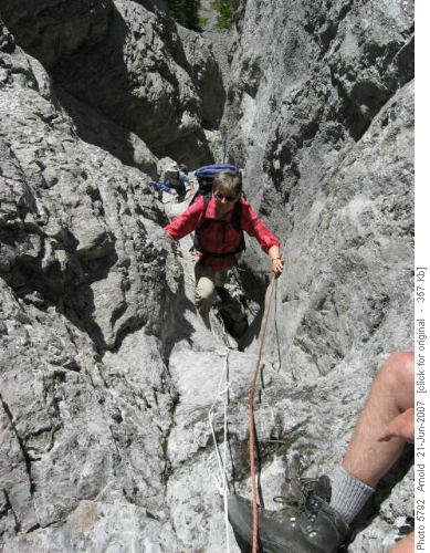 Rita ascending the steep narrow gully