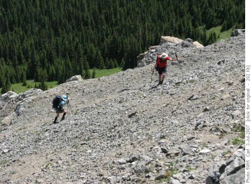 Climbing loose scree on Ram Mountain