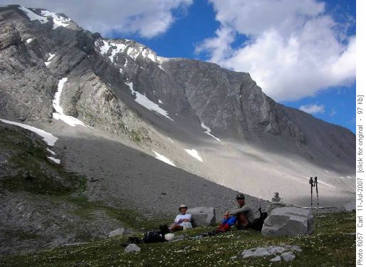 Finally back down off the slabs/scree (The Tower ascent route in the background)