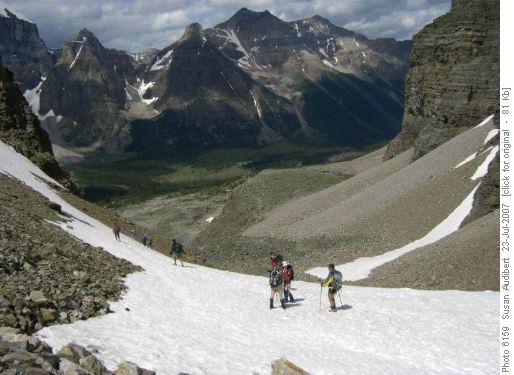 Descent of snowslopes below Wastach Pass