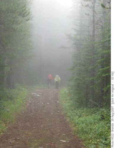 Hikers disappearing in the clouds