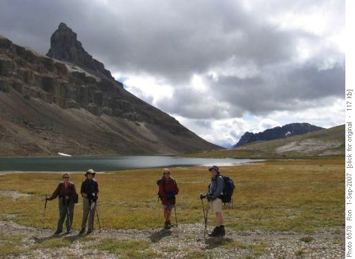 The ladies at Lake Katharine. Dolomite Peak on left