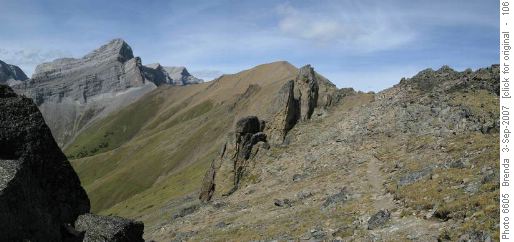 Trail thru rock garden; Mt Allan in centre, Mt Lougheed on left
