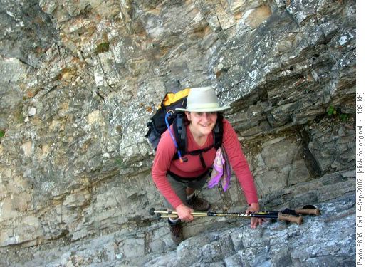 Photini climbing out of the "gully"