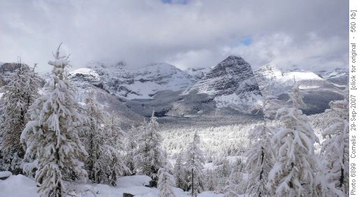 Egypt Lake (2,020m) and Pharaoh Peaks (2,700m) seen from Healy Pass