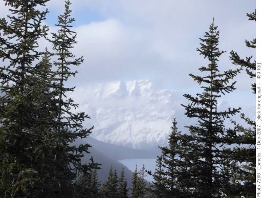 Mt Lyautey (3,082m) towering above Upper Kananaskis Lake (1,725m) seen from Blueberry Hill
