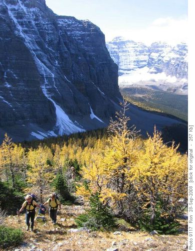 Jeanne & Barb ascend from the larches on Little Temple
