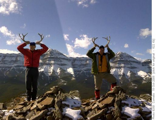 Joe and Cornelis sprouting horns on Mt Ware to deter the hunters