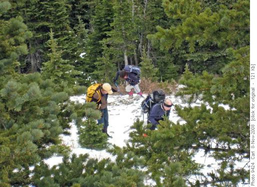 Climbing steep snowy vegetation to Coffin Mtn