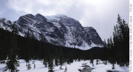 Looking along Paradise Creek towards Mt Temple's magnificent N-Face